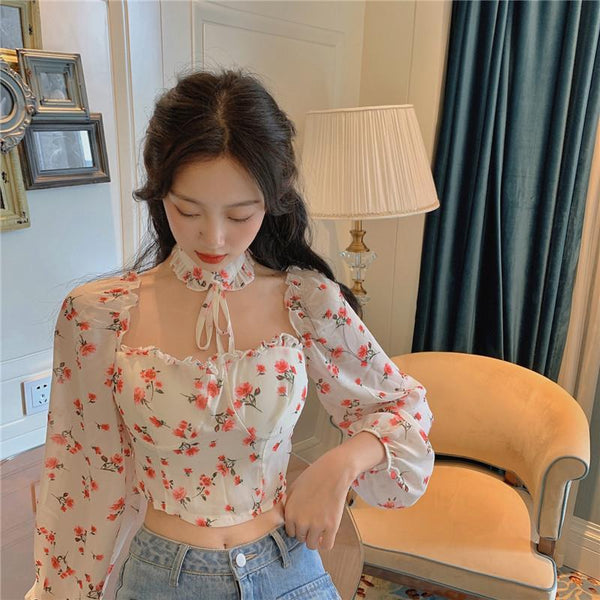 Lovely Sexy Women Blouse White Square Neck Floral Printed Puff Long Sleeves Front Drawstring Crop Top
