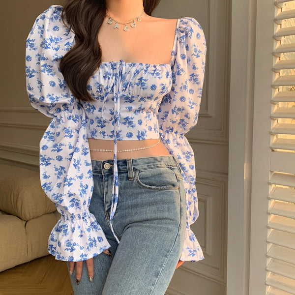 Trendy Fashion Summer Women Blue Sexy Floral Printed Puff Long Sleeves Tie Bow Deep V Neck Crop Tops