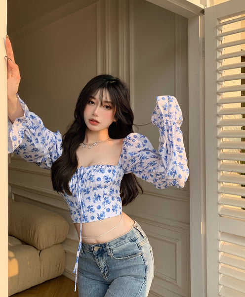 Trendy Fashion Summer Women Blue Sexy Floral Printed Puff Long Sleeves Tie Bow Deep V Neck Crop Tops