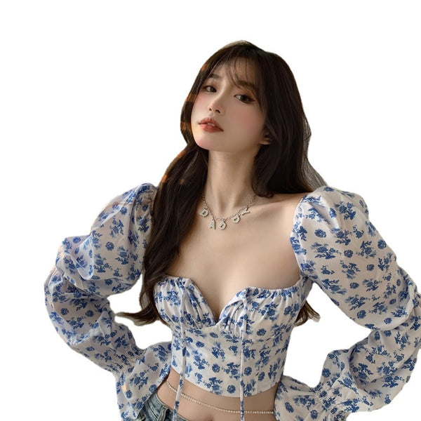 Trendy Fashion Summer Women Blue Sexy Floral Printed Puff Long Sleeves Tie Bow Deep V Neck Crop Tops