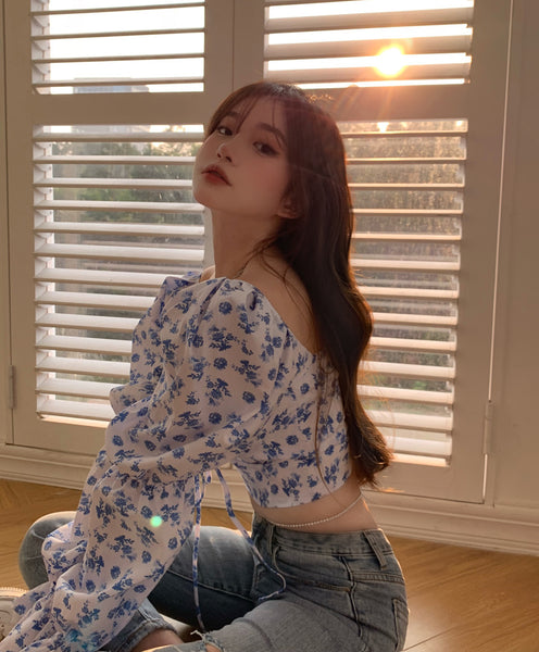 Trendy Fashion Summer Women Blue Sexy Floral Printed Puff Long Sleeves Tie Bow Deep V Neck Crop Tops