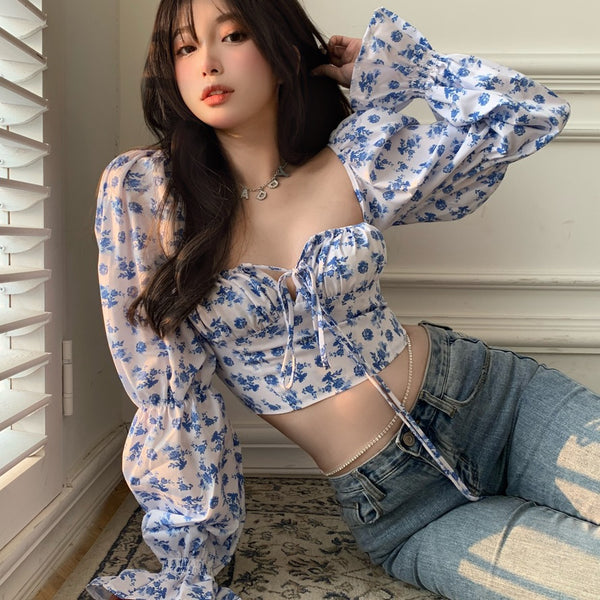 Trendy Fashion Summer Women Blue Sexy Floral Printed Puff Long Sleeves Tie Bow Deep V Neck Crop Tops