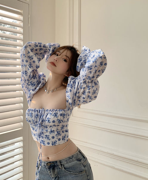 Trendy Fashion Summer Women Blue Sexy Floral Printed Puff Long Sleeves Tie Bow Deep V Neck Crop Tops