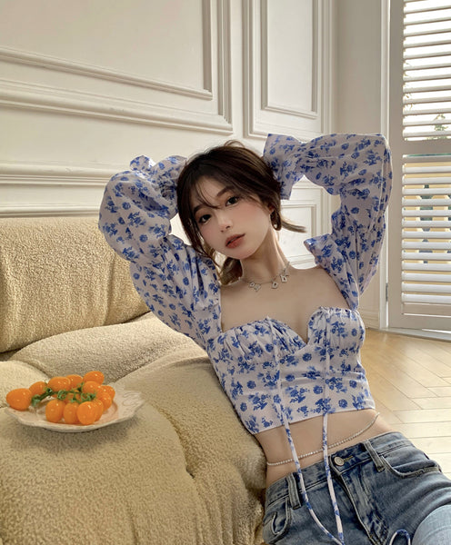 Trendy Fashion Summer Women Blue Sexy Floral Printed Puff Long Sleeves Tie Bow Deep V Neck Crop Tops