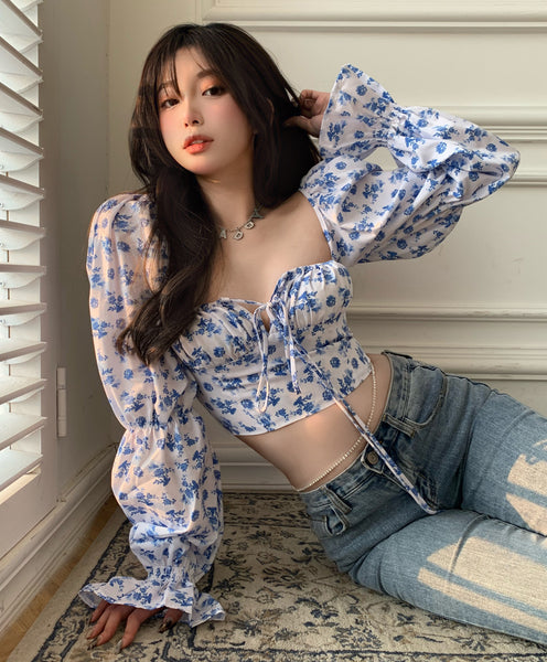 Trendy Fashion Summer Women Blue Sexy Floral Printed Puff Long Sleeves Tie Bow Deep V Neck Crop Tops