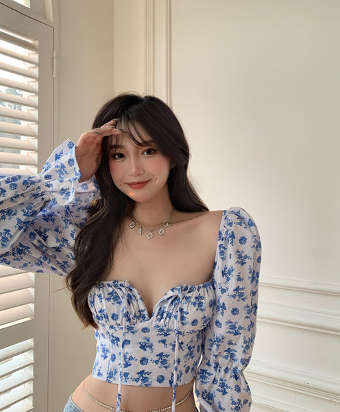 Trendy Fashion Summer Women Blue Sexy Floral Printed Puff Long Sleeves Tie Bow Deep V Neck Crop Tops
