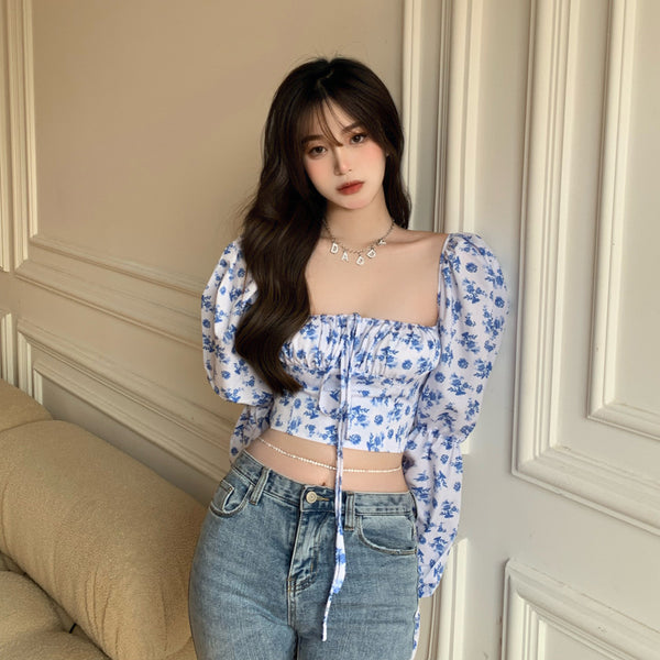 Trendy Fashion Summer Women Blue Sexy Floral Printed Puff Long Sleeves Tie Bow Deep V Neck Crop Tops