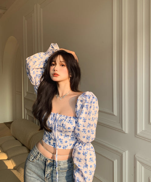 Trendy Fashion Summer Women Blue Sexy Floral Printed Puff Long Sleeves Tie Bow Deep V Neck Crop Tops