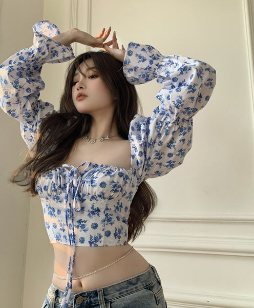 Trendy Fashion Summer Women Blue Sexy Floral Printed Puff Long Sleeves Tie Bow Deep V Neck Crop Tops