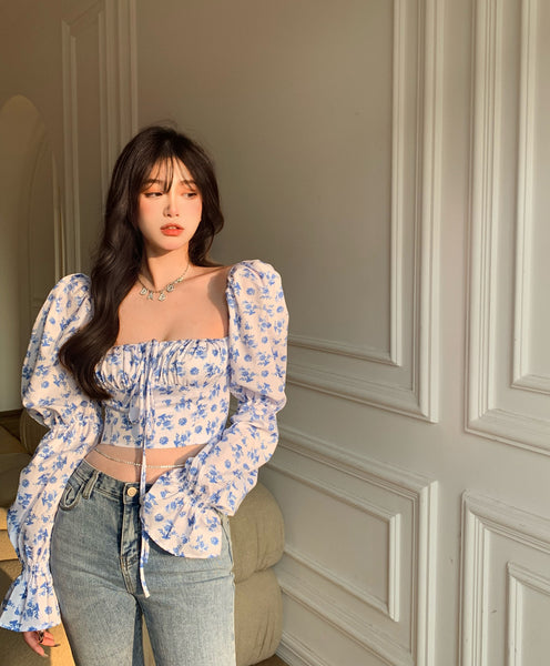 Trendy Fashion Summer Women Blue Sexy Floral Printed Puff Long Sleeves Tie Bow Deep V Neck Crop Tops