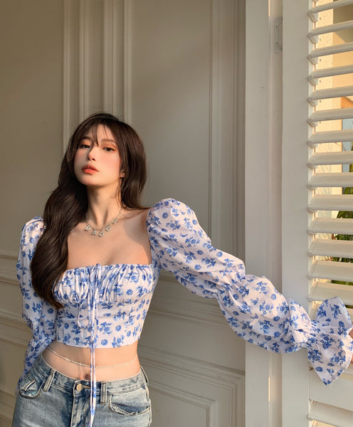 Trendy Fashion Summer Women Blue Sexy Floral Printed Puff Long Sleeves Tie Bow Deep V Neck Crop Tops