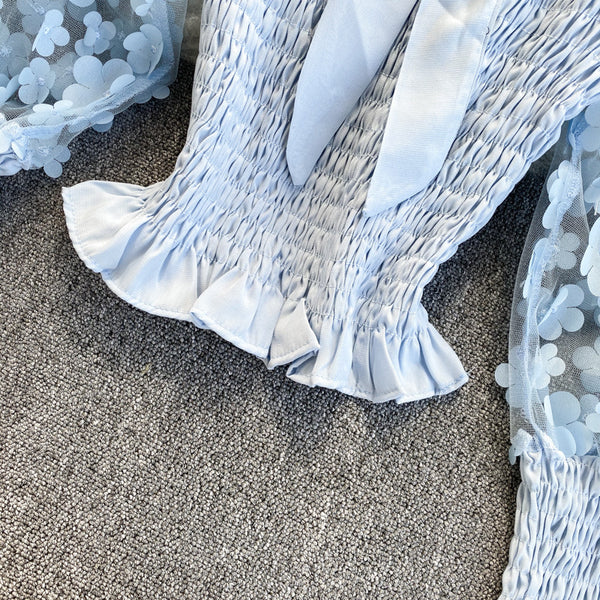 Retro Summer Women Floral Puff Mesh Long Sleeves Ruffled Front Bow Neck Off Shoulder Crop Tops Blouse