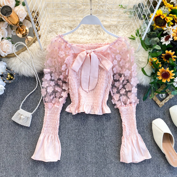 Retro Summer Women Floral Puff Mesh Long Sleeves Ruffled Front Bow Neck Off Shoulder Crop Tops Blouse