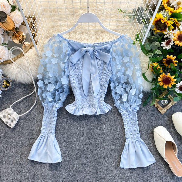 Retro Summer Women Floral Puff Mesh Long Sleeves Ruffled Front Bow Neck Off Shoulder Crop Tops Blouse