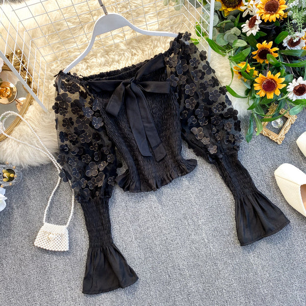 Retro Summer Women Floral Puff Mesh Long Sleeves Ruffled Front Bow Neck Off Shoulder Crop Tops Blouse