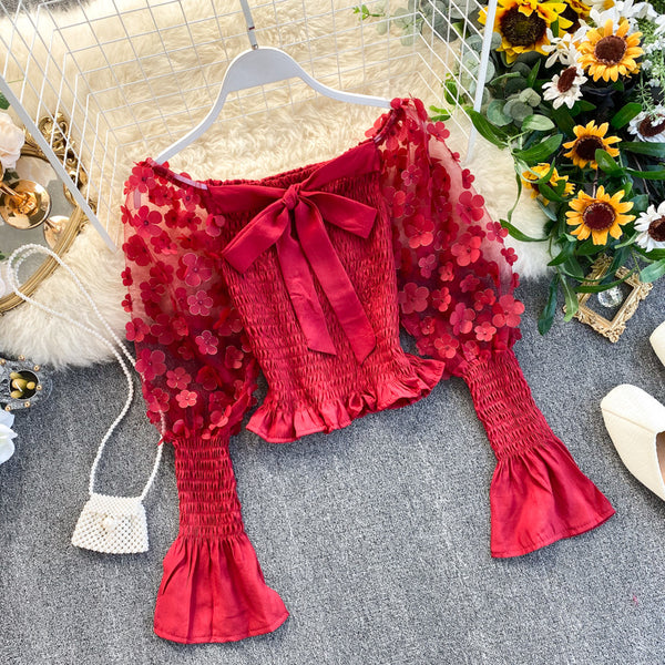 Retro Summer Women Floral Puff Mesh Long Sleeves Ruffled Front Bow Neck Off Shoulder Crop Tops Blouse