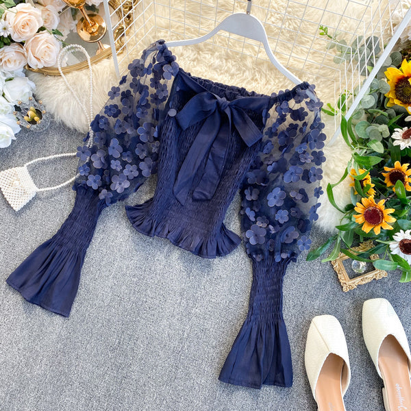 Retro Summer Women Floral Puff Mesh Long Sleeves Ruffled Front Bow Neck Off Shoulder Crop Tops Blouse
