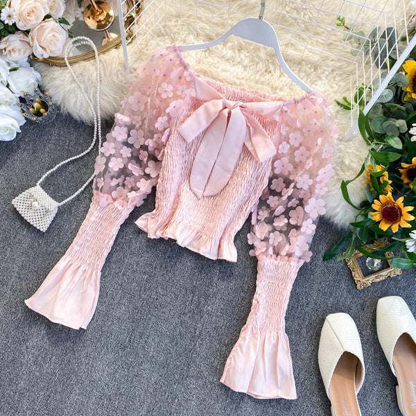 Retro Summer Women Floral Puff Mesh Long Sleeves Ruffled Front Bow Neck Off Shoulder Crop Tops Blouse