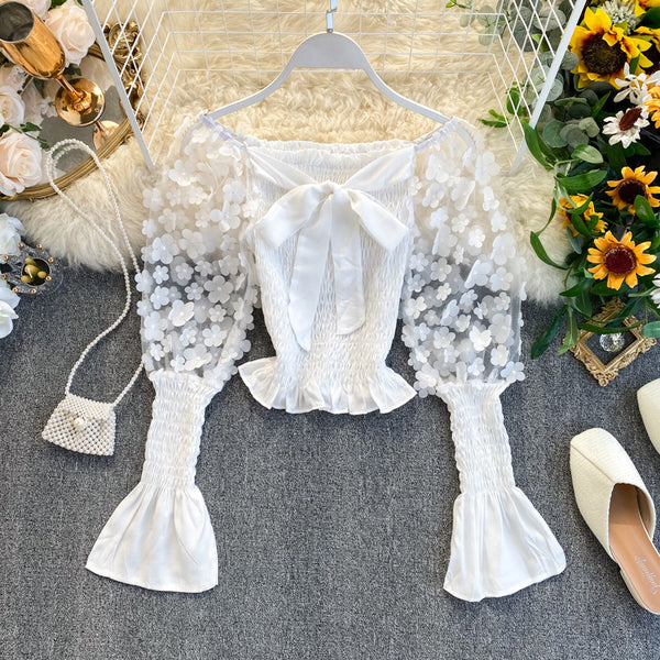 Retro Summer Women Floral Puff Mesh Long Sleeves Ruffled Front Bow Neck Off Shoulder Crop Tops Blouse