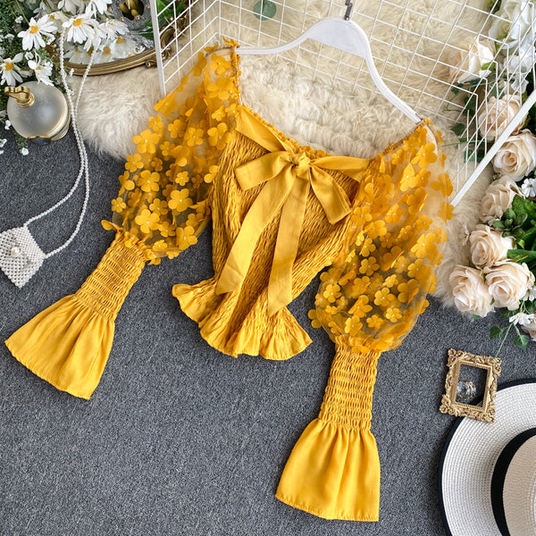 Retro Summer Women Floral Puff Mesh Long Sleeves Ruffled Front Bow Neck Off Shoulder Crop Tops Blouse