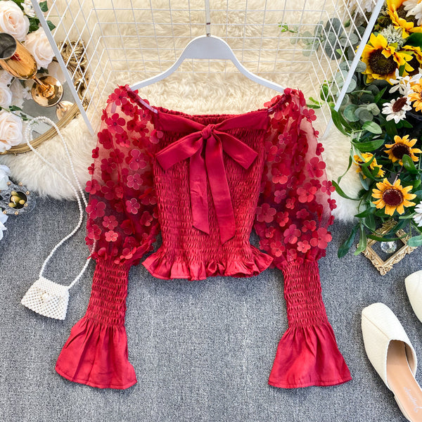Retro Summer Women Floral Puff Mesh Long Sleeves Ruffled Front Bow Neck Off Shoulder Crop Tops Blouse