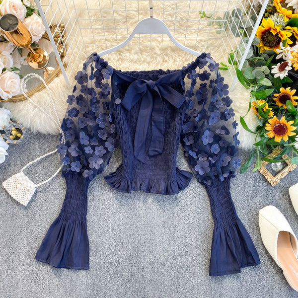 Retro Summer Women Floral Puff Mesh Long Sleeves Ruffled Front Bow Neck Off Shoulder Crop Tops Blouse
