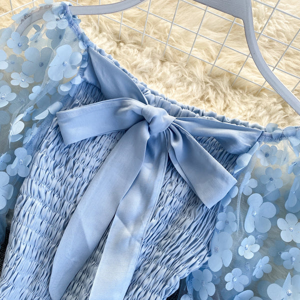 Retro Summer Women Floral Puff Mesh Long Sleeves Ruffled Front Bow Neck Off Shoulder Crop Tops Blouse