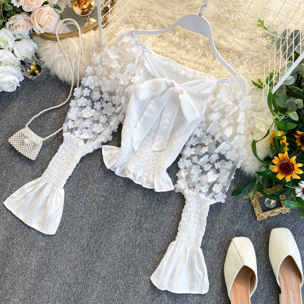 Retro Summer Women Floral Puff Mesh Long Sleeves Ruffled Front Bow Neck Off Shoulder Crop Tops Blouse