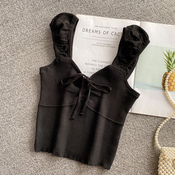 Temperament Sexy Women V-neck Tie Bow Front Knit Knitwear Short Sleeved Solid Fit Crop Tank Tops