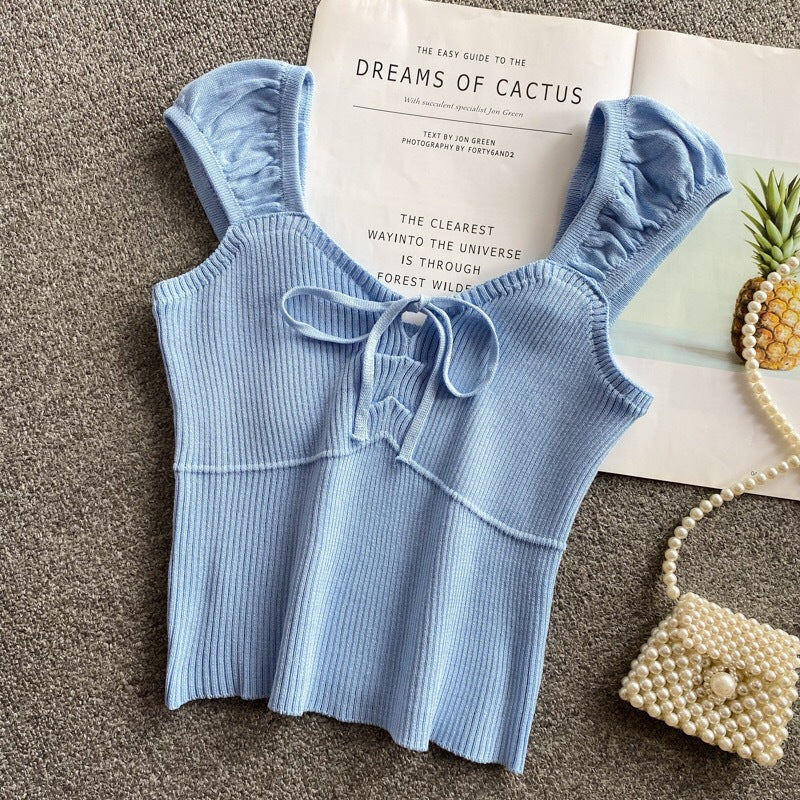 Temperament Sexy Women V-neck Tie Bow Front Knit Knitwear Short Sleeved Solid Fit Crop Tank Tops