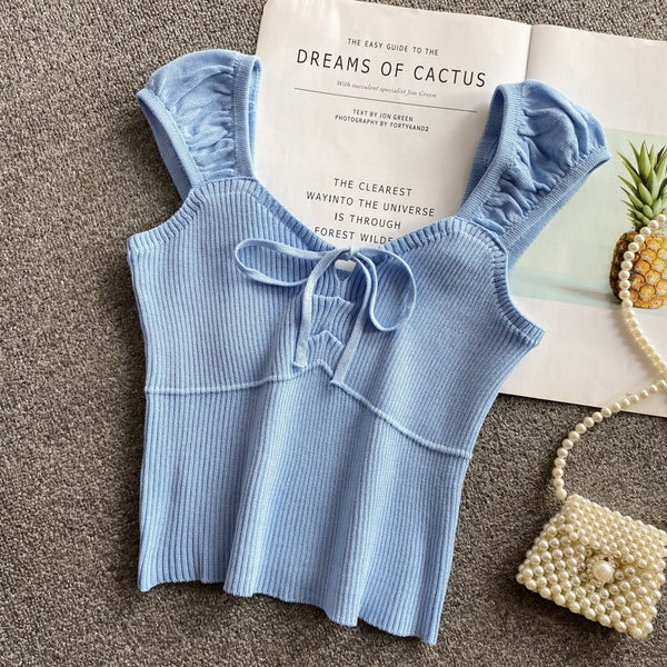 Temperament Sexy Women V-neck Tie Bow Front Knit Knitwear Short Sleeved Solid Fit Crop Tank Tops