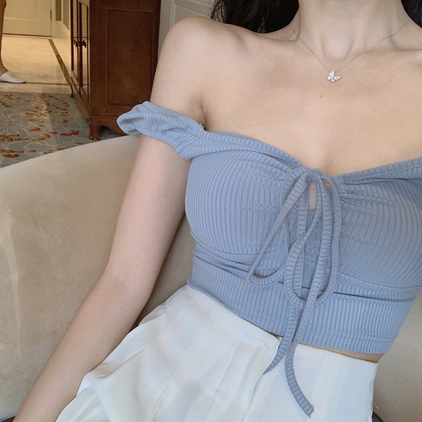 Temperament Sexy Women V-neck Tie Bow Front Knit Knitwear Short Sleeved Solid Fit Crop Tank Tops