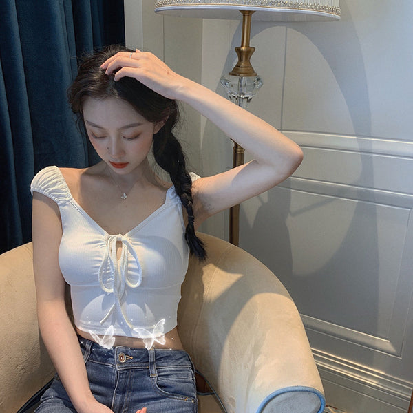 Temperament Sexy Women V-neck Tie Bow Front Knit Knitwear Short Sleeved Solid Fit Crop Tank Tops