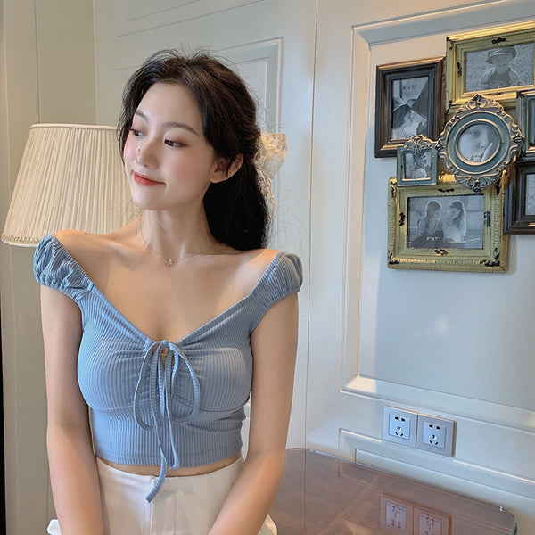 Temperament Sexy Women V-neck Tie Bow Front Knit Knitwear Short Sleeved Solid Fit Crop Tank Tops