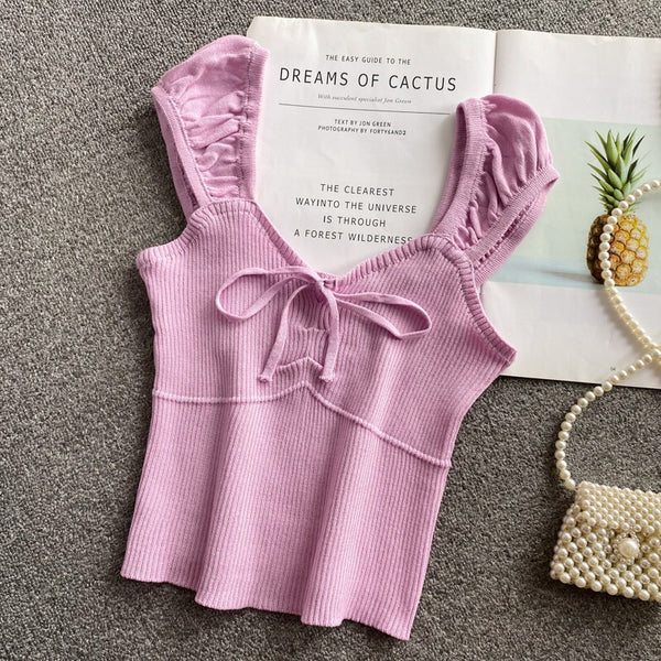 Temperament Sexy Women V-neck Tie Bow Front Knit Knitwear Short Sleeved Solid Fit Crop Tank Tops