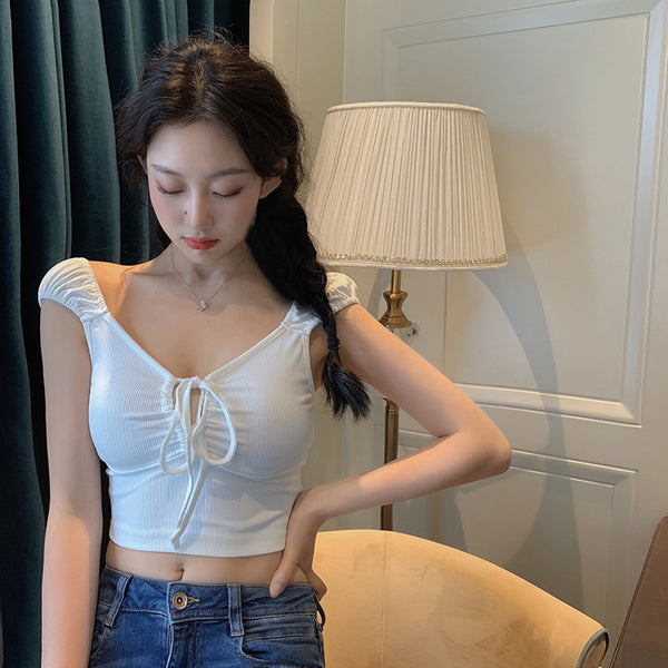 Temperament Sexy Women V-neck Tie Bow Front Knit Knitwear Short Sleeved Solid Fit Crop Tank Tops
