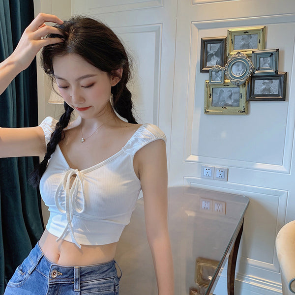 Temperament Sexy Women V-neck Tie Bow Front Knit Knitwear Short Sleeved Solid Fit Crop Tank Tops