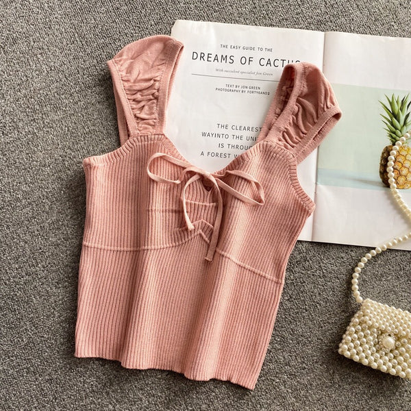 Temperament Sexy Women V-neck Tie Bow Front Knit Knitwear Short Sleeved Solid Fit Crop Tank Tops