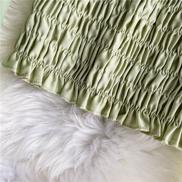 Sweet Women Mesh Puff Sleeve Square Collar Neck Off Shoulder Smocked Short Lantern Sleeve Crop Top