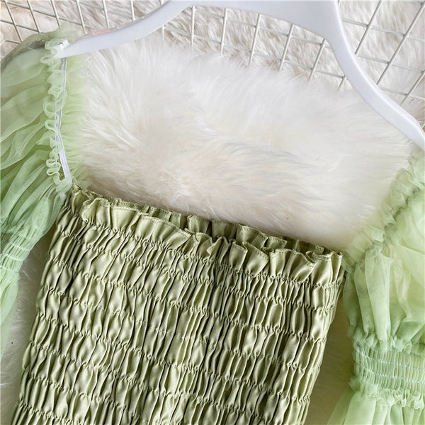 Sweet Women Mesh Puff Sleeve Square Collar Neck Off Shoulder Smocked Short Lantern Sleeve Crop Top