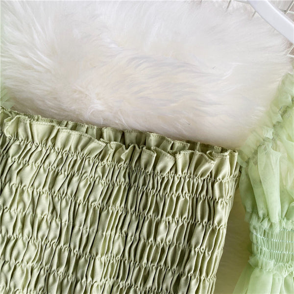 Sweet Women Mesh Puff Sleeve Square Collar Neck Off Shoulder Smocked Short Lantern Sleeve Crop Top