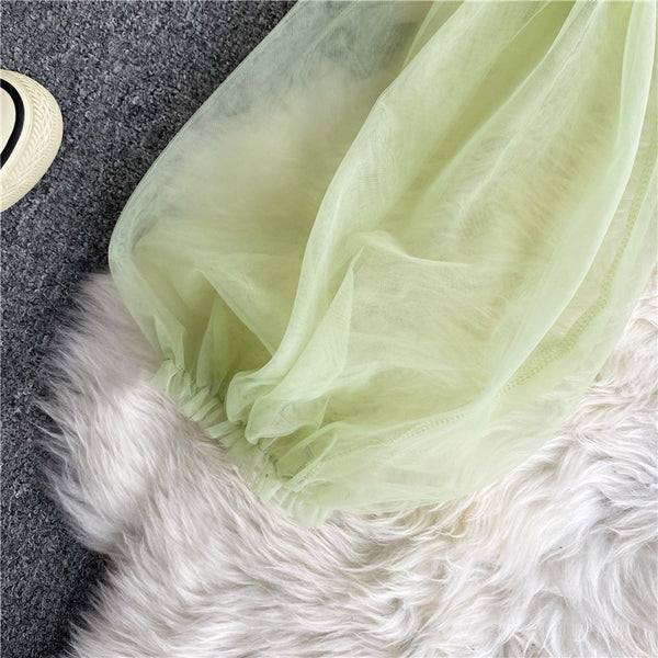 Sweet Women Mesh Puff Sleeve Square Collar Neck Off Shoulder Smocked Short Lantern Sleeve Crop Top