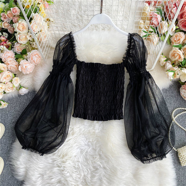 Sweet Women Mesh Puff Sleeve Square Collar Neck Off Shoulder Smocked Short Lantern Sleeve Crop Top