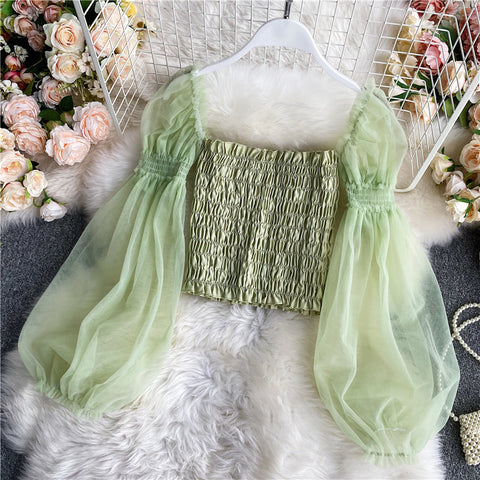 Sweet Women Mesh Puff Sleeve Square Collar Neck Off Shoulder Smocked Short Lantern Sleeve Crop Top
