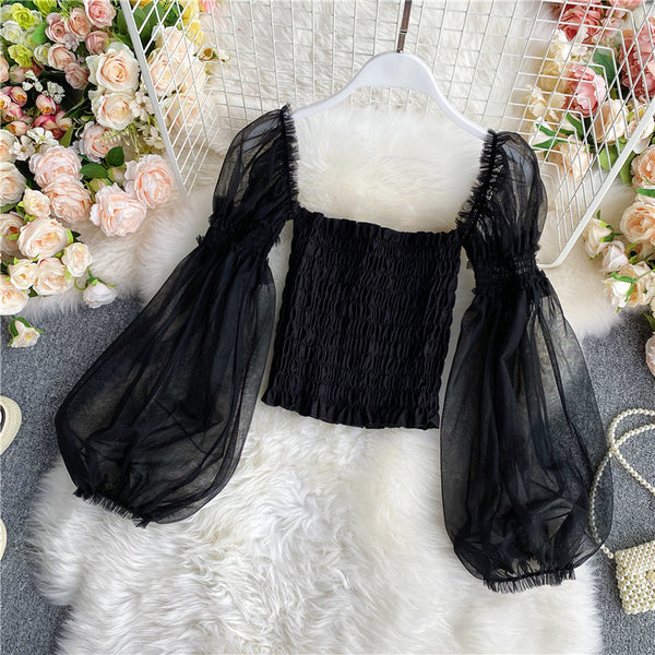 Sweet Women Mesh Puff Sleeve Square Collar Neck Off Shoulder Smocked Short Lantern Sleeve Crop Top