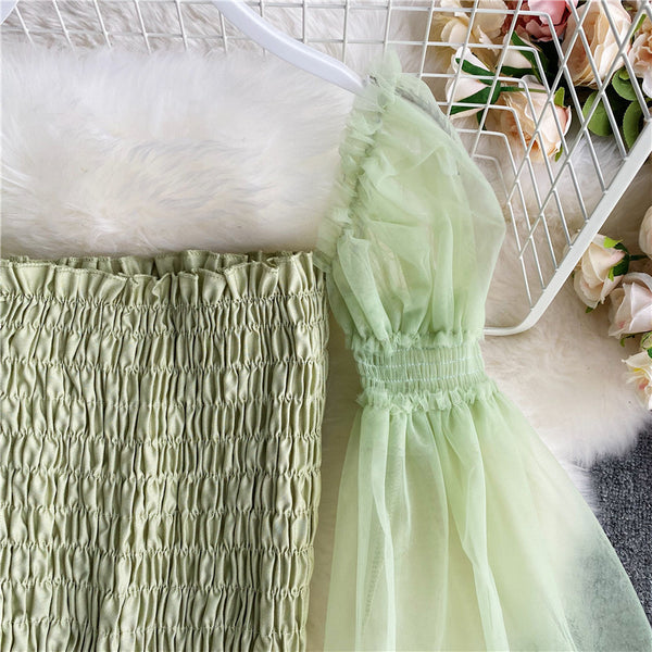 Sweet Women Mesh Puff Sleeve Square Collar Neck Off Shoulder Smocked Short Lantern Sleeve Crop Top