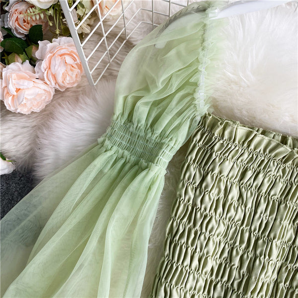 Sweet Women Mesh Puff Sleeve Square Collar Neck Off Shoulder Smocked Short Lantern Sleeve Crop Top