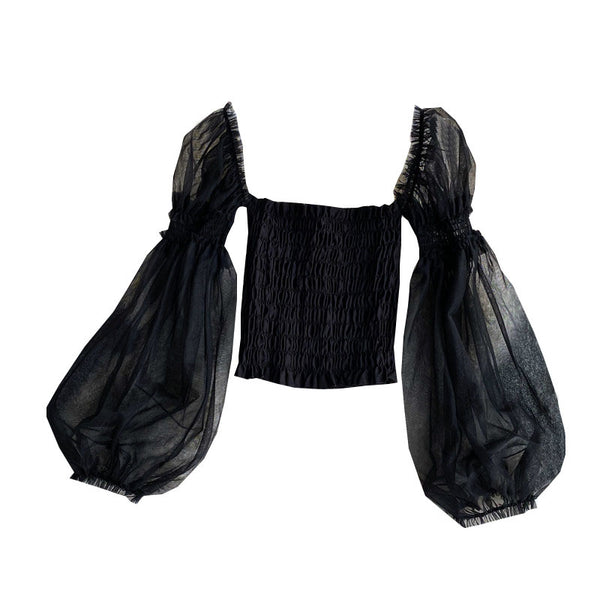 Sweet Women Mesh Puff Sleeve Square Collar Neck Off Shoulder Smocked Short Lantern Sleeve Crop Top