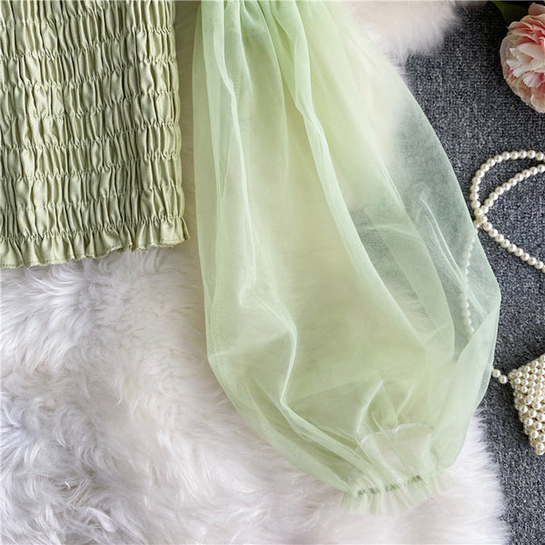 Sweet Women Mesh Puff Sleeve Square Collar Neck Off Shoulder Smocked Short Lantern Sleeve Crop Top