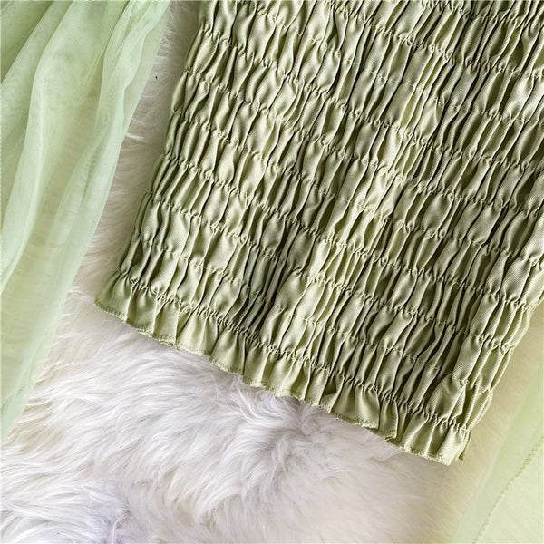 Sweet Women Mesh Puff Sleeve Square Collar Neck Off Shoulder Smocked Short Lantern Sleeve Crop Top